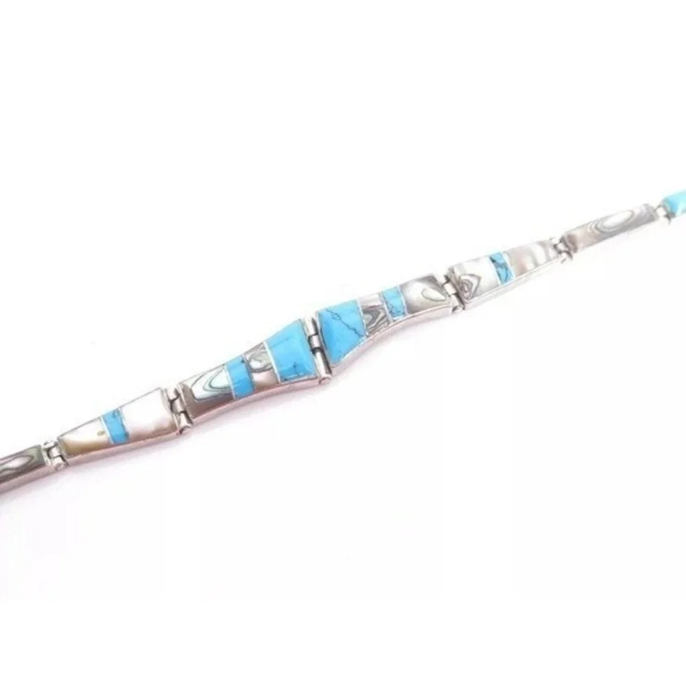 STERLING SILVER TURQUOISE ABALONE INLAY LINK BRACELET‎ NATIVE AMERICAN STYLE